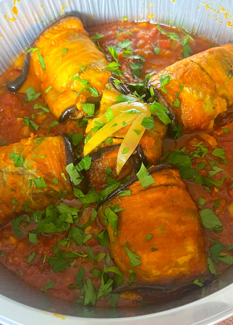 Rolled eggplant and lentil kefta tagine